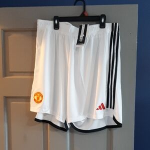 adidas White Athletic Shorts with Black Stripes and Red Accents